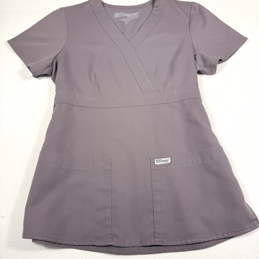 Grey's Anatomy by Barco Scrub Top XS Gray Mock Wrap Empire Waist V-Neck Pockets